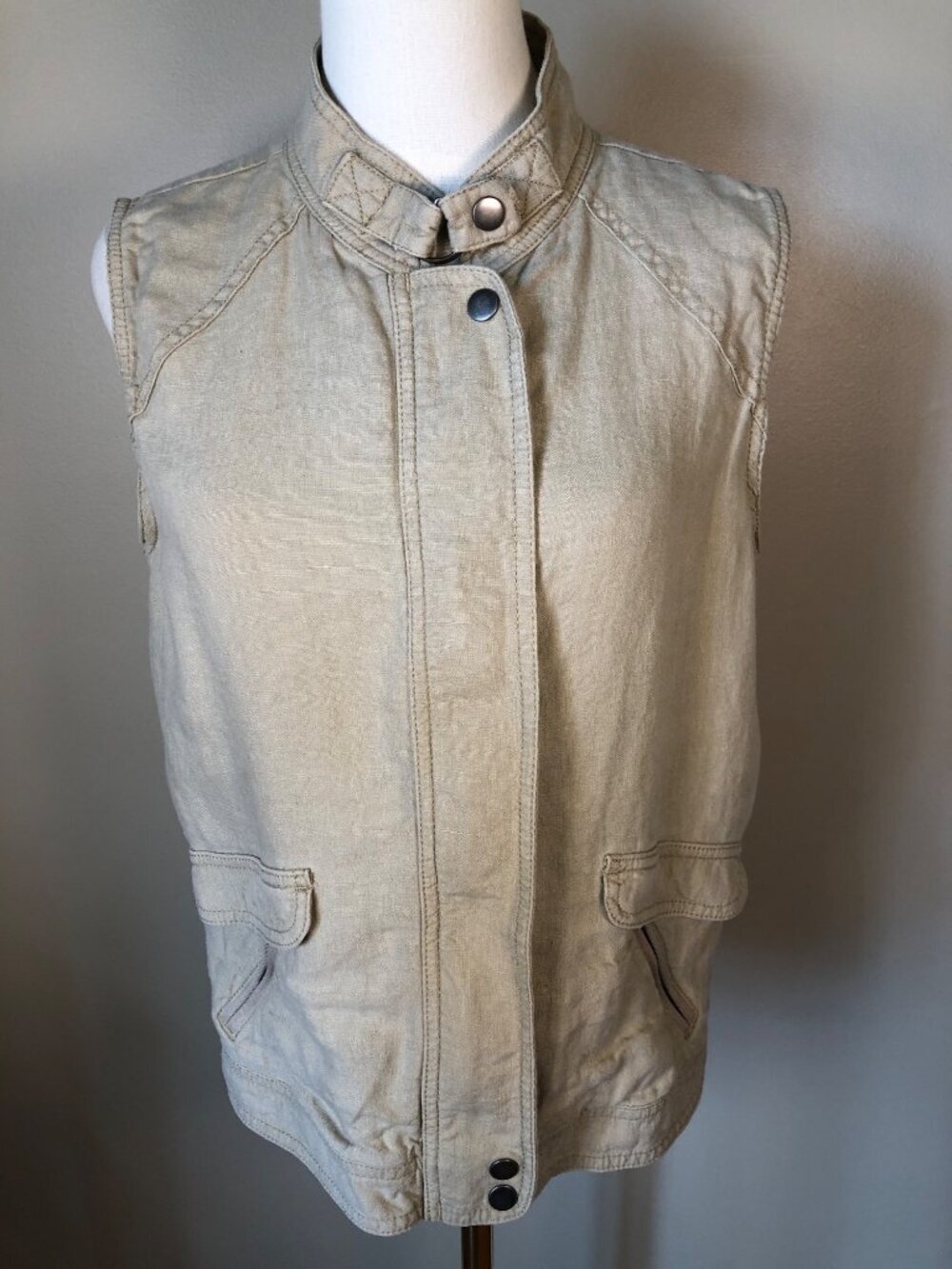 Michael Stars Linen Zip Front Tan Vest Military Inspired Utility Size L